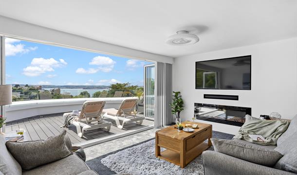 The Penthouse - lounge with media wall & 65" TV
Sea view from the balcony at Vomero Holiday Apartments in Torquay