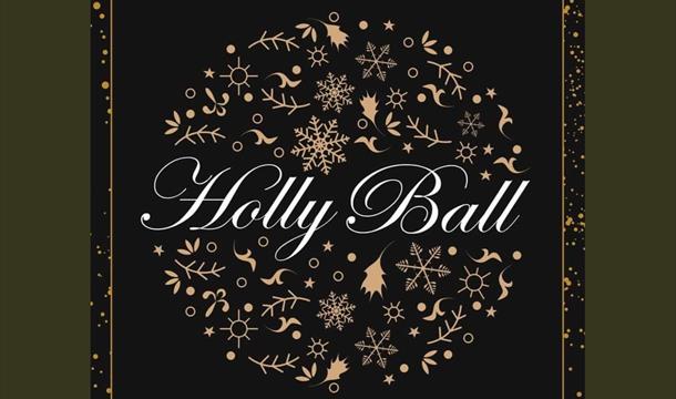 The Holly Ball logo with dark background and Christmas motifs all in black, gold and dark green