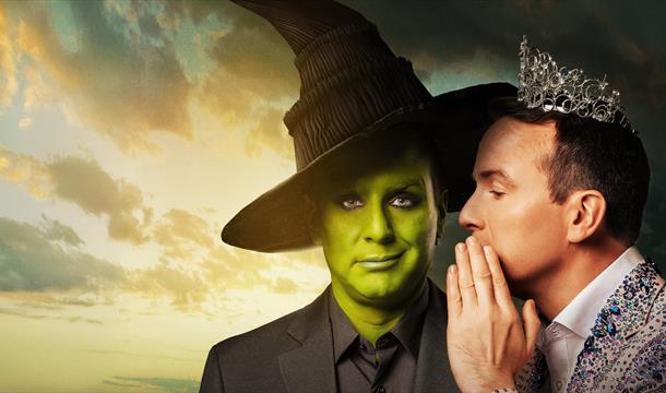 Matt Forde: Defying Calamity. Matt Forde in Place of Galinda, Wicked whispering in Elphaba's ear, similar to original photo