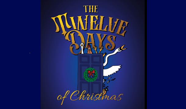 the logo and a dark blue painted door with a Christmas wreath on the front and a goose fleeing from the scene