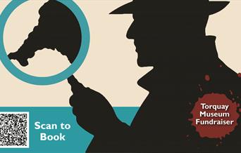 Crime at the Coast Festival at Torquay Museum on 9 November 2025, featuring detective silhouette, event details, booking QR code
