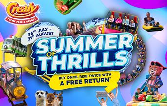Colourful theme park collage with roller coasters, slides, and rides. Text: "Summer of Thrills, 26th July - 31st August, Buy Once, Ride Twice."