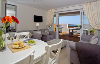 Open Plan Living area with view, Curlew 5, The Cove, Brixham, Devon