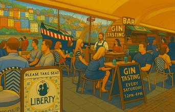 Local Tipple Tasting - Free Event - Every Saturday in July & August Liberty Brixham. Sketch of people relaxing  in a gin bar on the harbour