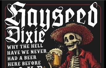 Hayseed Dixie Arena Torquay laughing skeleton in a straw hat with a glass of beer