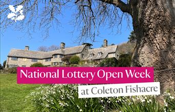 Stone house with flowers and text that reads 'National Lottery Open Week at Coleton Fishacre'