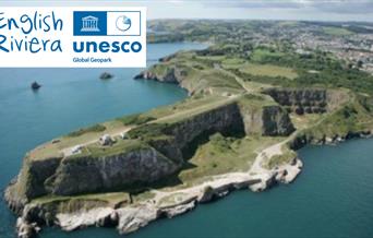 An arial view of Berry Head, part of the English Riviera UNESCO Global Geopark.