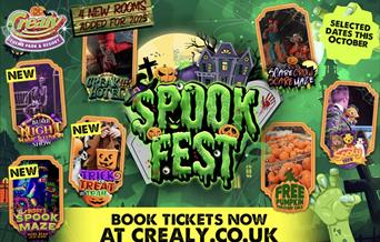 Halloween-themed “Spook Fest” poster with green dripping text, spooky house, haunted attractions, pumpkins, and Crealy theme park details.
