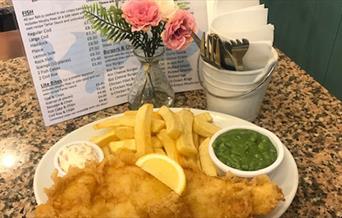 Fish and Chips served at The Usual Plaice, St Marychurch Road, Torquay