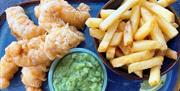 Fish and Chips, Sea Dogs at Shoreline, England's Seafood FEAST