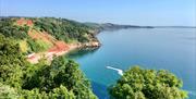 View from Babbacombe Downs across a blue sea with a boat and then Oddicombe Beach visible through the trees on the cliff side on a beautiful, sunny da