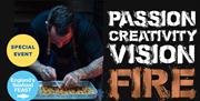 A chef preparing a tray of food alongside the words passion creativity vision fire