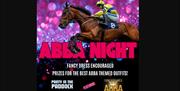 Newton Abbot poster with a horse jumping and the Abba logo in pink