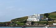 Burgh island showing the hotel and the sea tractor crossing