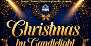 Christmas by Candlelight logo with the date on a dark background with lots of twinkly lights.