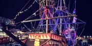 Golden Hind Museum Ship at night, Brixham, Devon