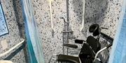 Wet room with thermostatic shower with dual shower heads (rainfall and hand held shower), grab rails, alerta tilt in space shower chair. Heated towel