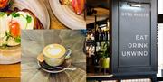 Brunch dishes, coffee and Eat, Drink, Unwind sign at Otto , Torquay