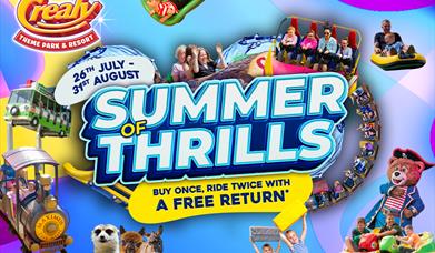 Colourful theme park collage with roller coasters, slides, and rides. Text: "Summer of Thrills, 26th July - 31st August, Buy Once, Ride Twice."