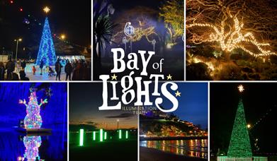 Bay of Lights Illumination Trail, Torquay, Devon images of Torquay illuminated, a skating rink and people enjoying themselves.