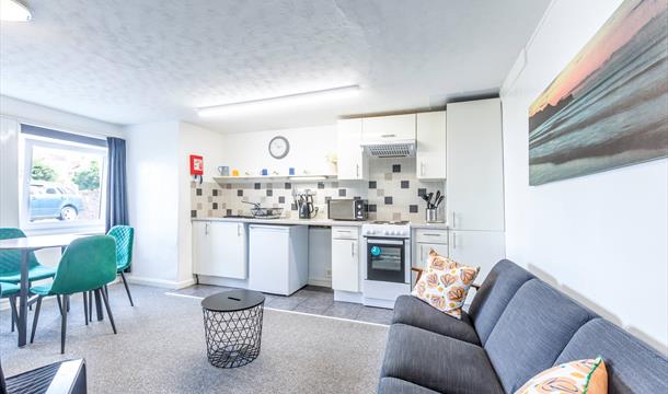Atherfield Holiday Apartments, open plan sitting area, dining and kitchen