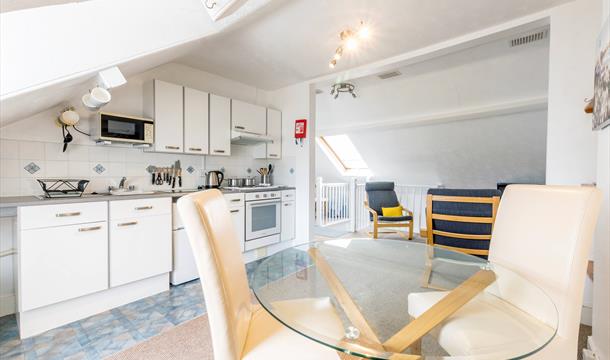 Atherfield Holiday Apartments, open plan kitchen, dining and seating area
