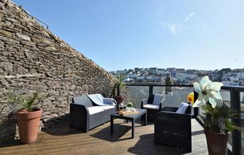Outside seating and view, Broadsteps Cottage, 58 Higher Street, Brixham, Devon