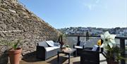 Outside seating and view, Broadsteps Cottage, 58 Higher Street, Brixham, Devon
