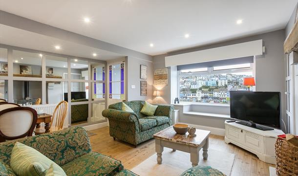 Lounge with harbour view, Front Row Cottage, 77 King Street, Brixham, Devon