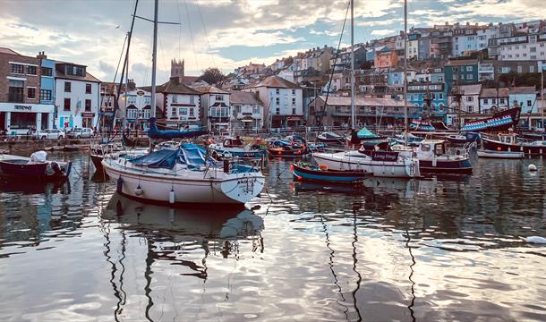 View of Brixham Quayside, with Driftwood B&B in the background highlighting it's prime location