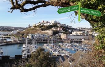 A view looking down across Torquay harbour and across to the far side of Torquay.