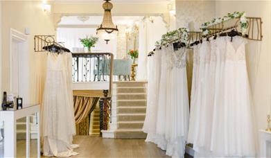 A photo taken inside of Blackburn Bridal Couture showing an elegant room home to a collection of dresses.
