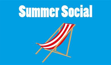 A red and white deck chair on a blue background with the words summer social