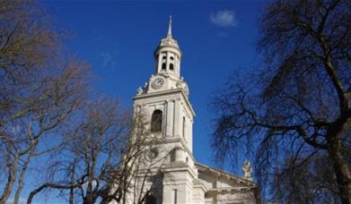 Looking up at St Alfege Church spire in Greenwich