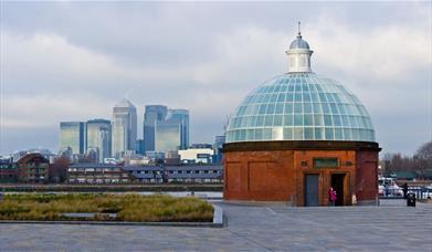 The domed Greenwich Foot Tunnel beside Cutty Sark in Greenwich, London.