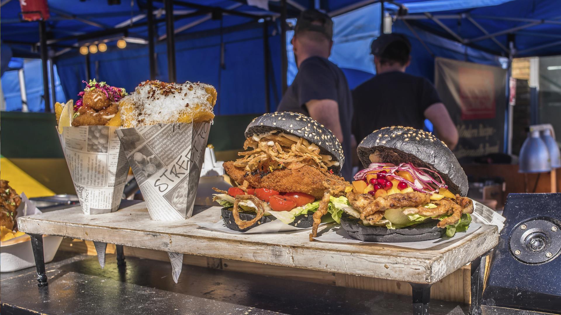 Burgers and chips from Greenwich Market Food Court.