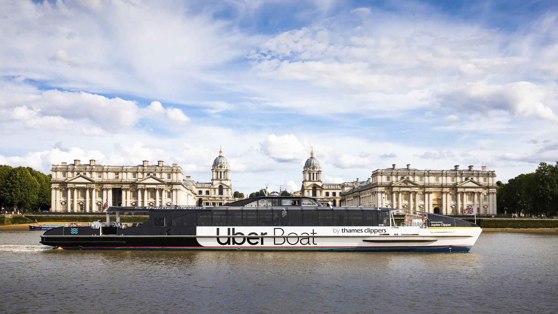 Uber Boat by Thames Clippers in front of the Old Royal Naval College