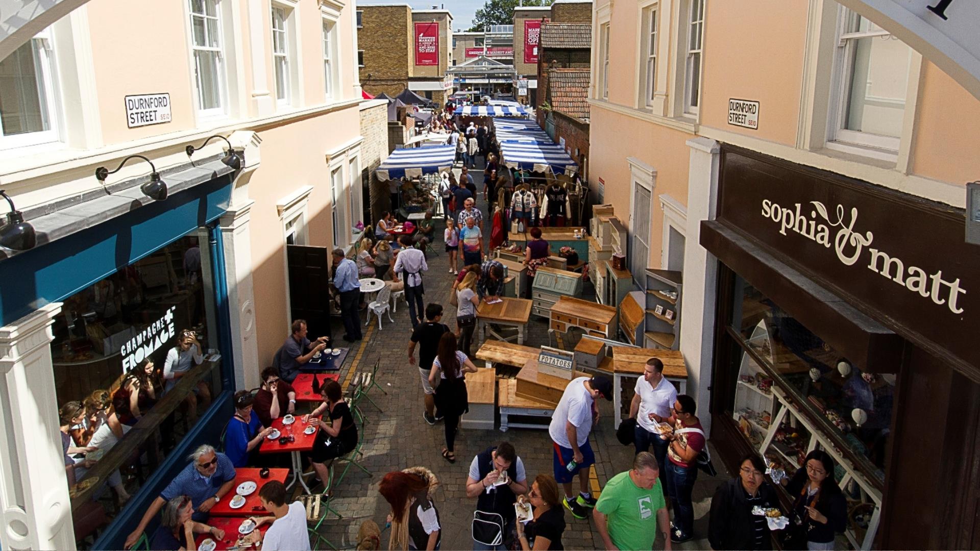 Durnford Street, just off Greenwich Market, full of people shopping.