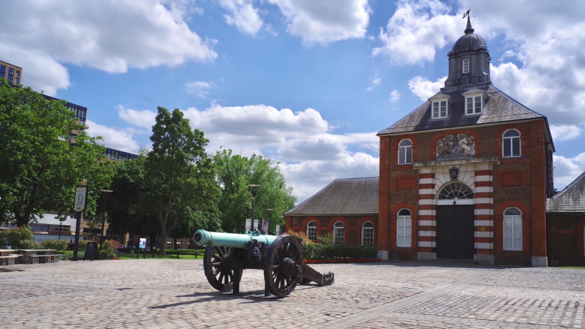 A canon at the top of the Royal Arsenal in Woolwich.