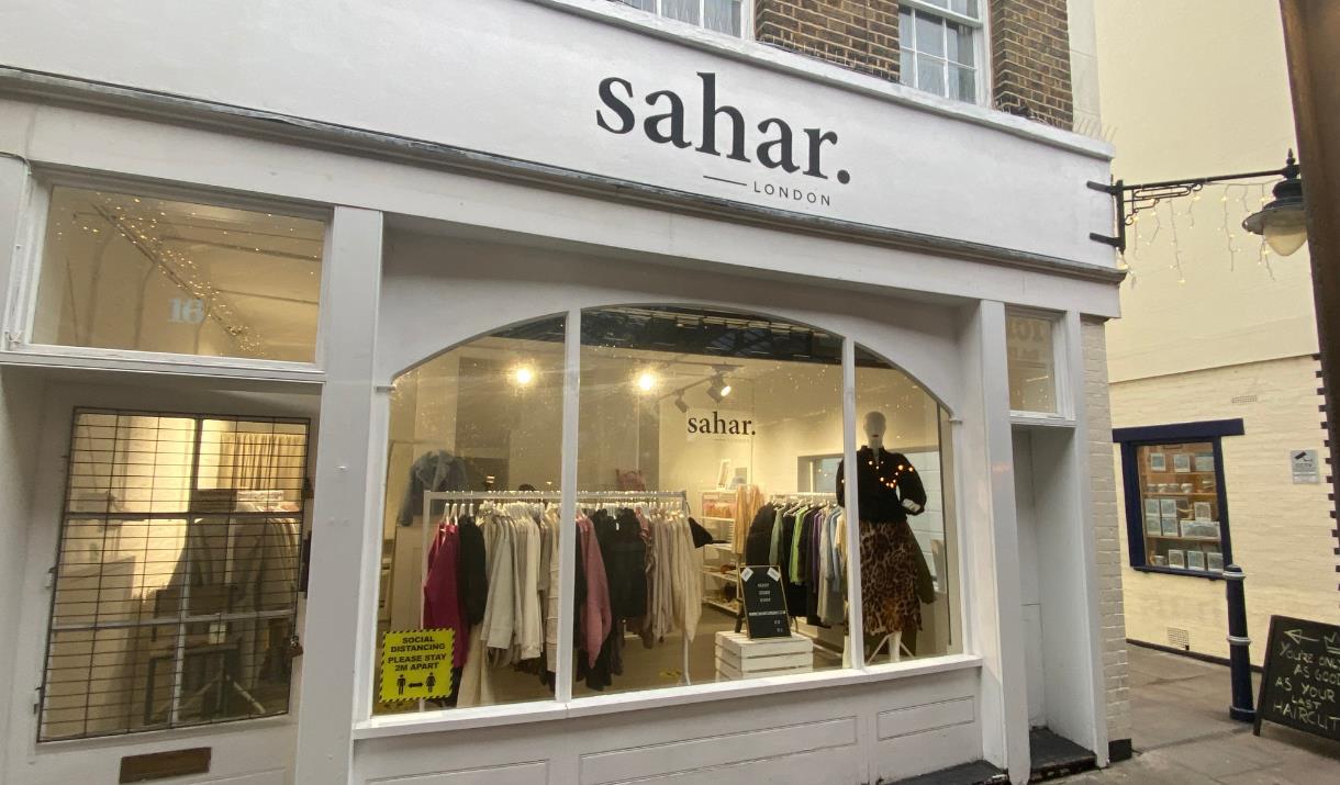 Outside Sahar in Greenwich. An elegant and stylish shop filled with clothing.