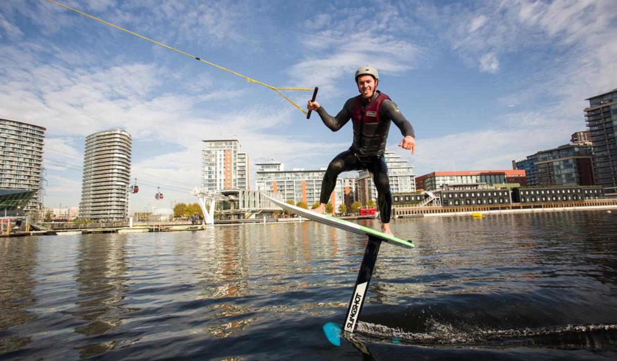 A photo taken of a person wakeboarding at Wakeup Docklands.