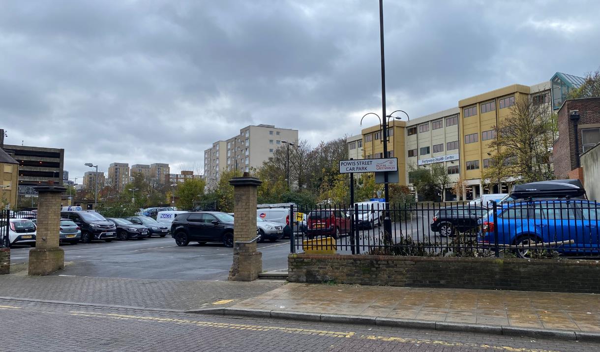 A picture taken of Powis street car park,showing multiple spaces for disabled and non disabled users.