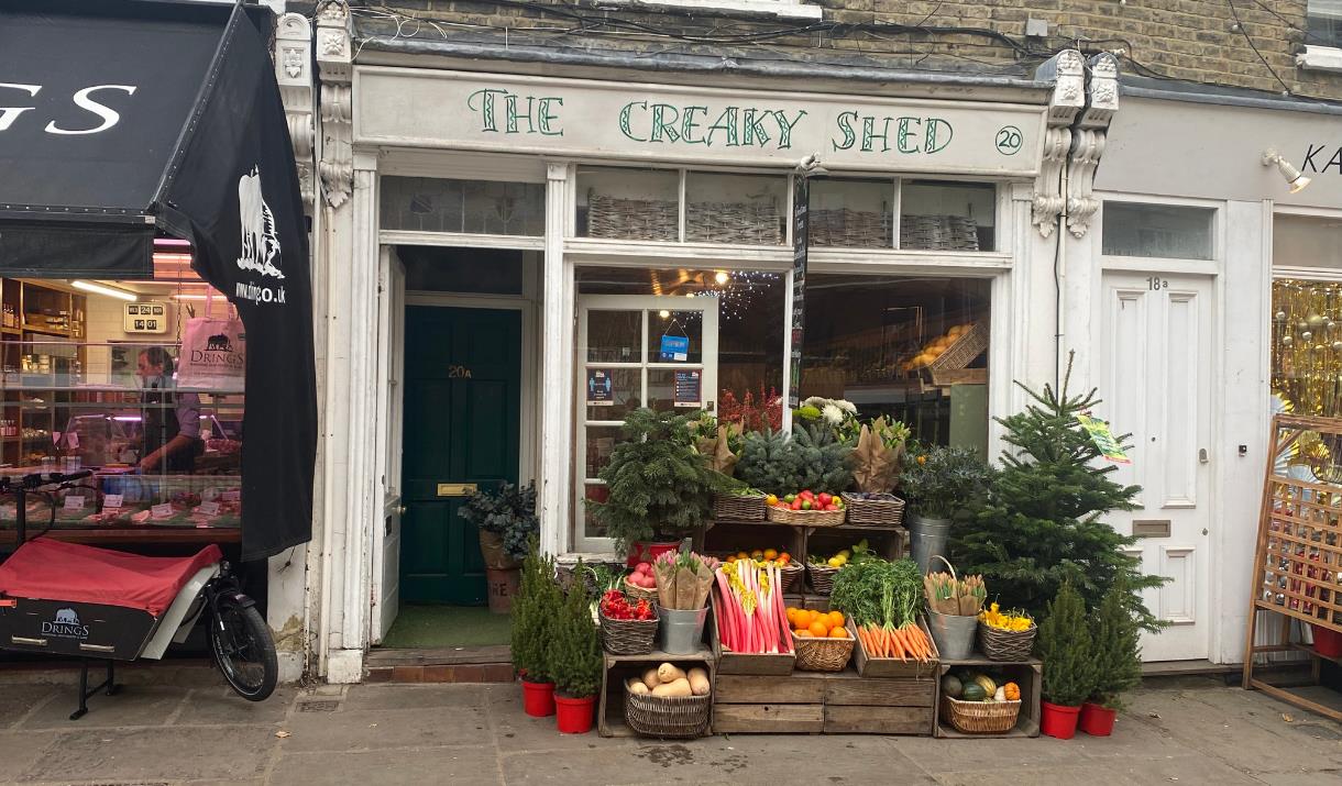 A Photo Taken Outside The Creaky Shed in Greenwich showing a mouth watering selection of fresh produce.