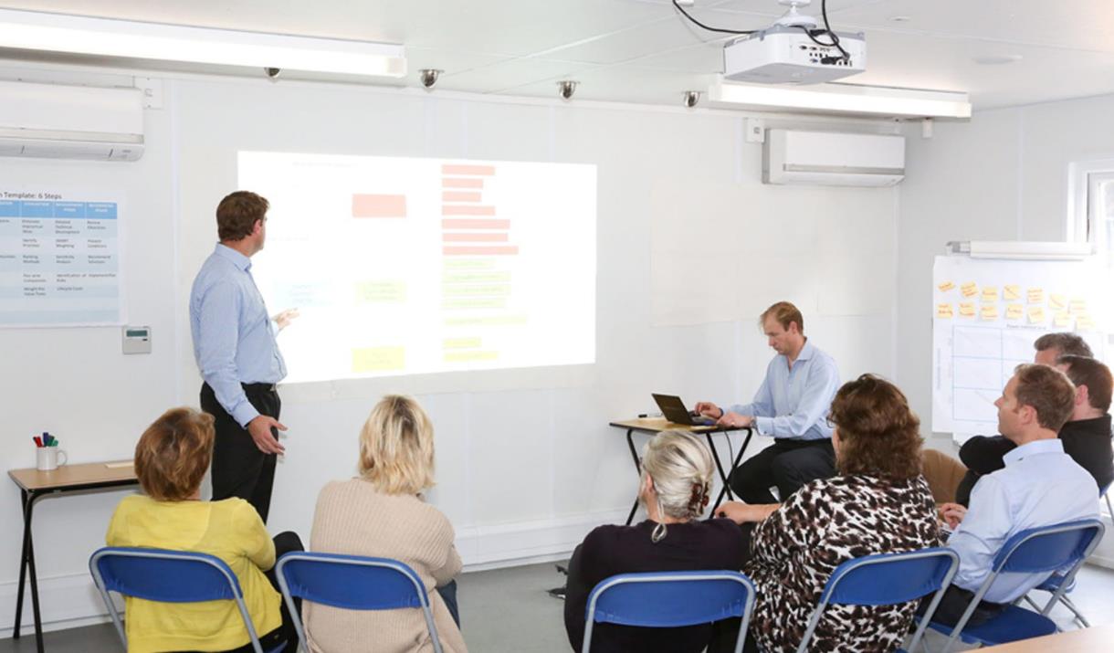 Inside the ahoy centre training room, featuring a projector board and multiple desks.