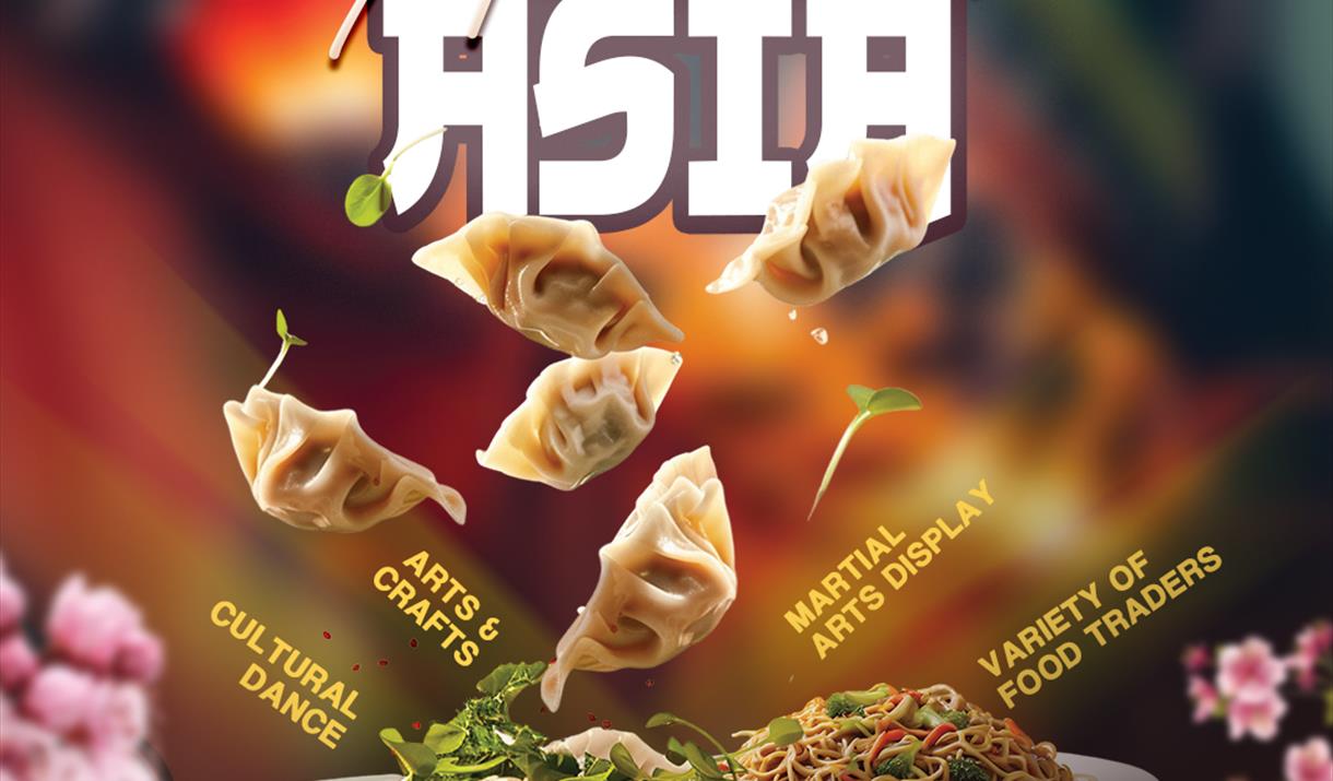 Flyer image of momo dumplings, bowl of noodles and written text with event details