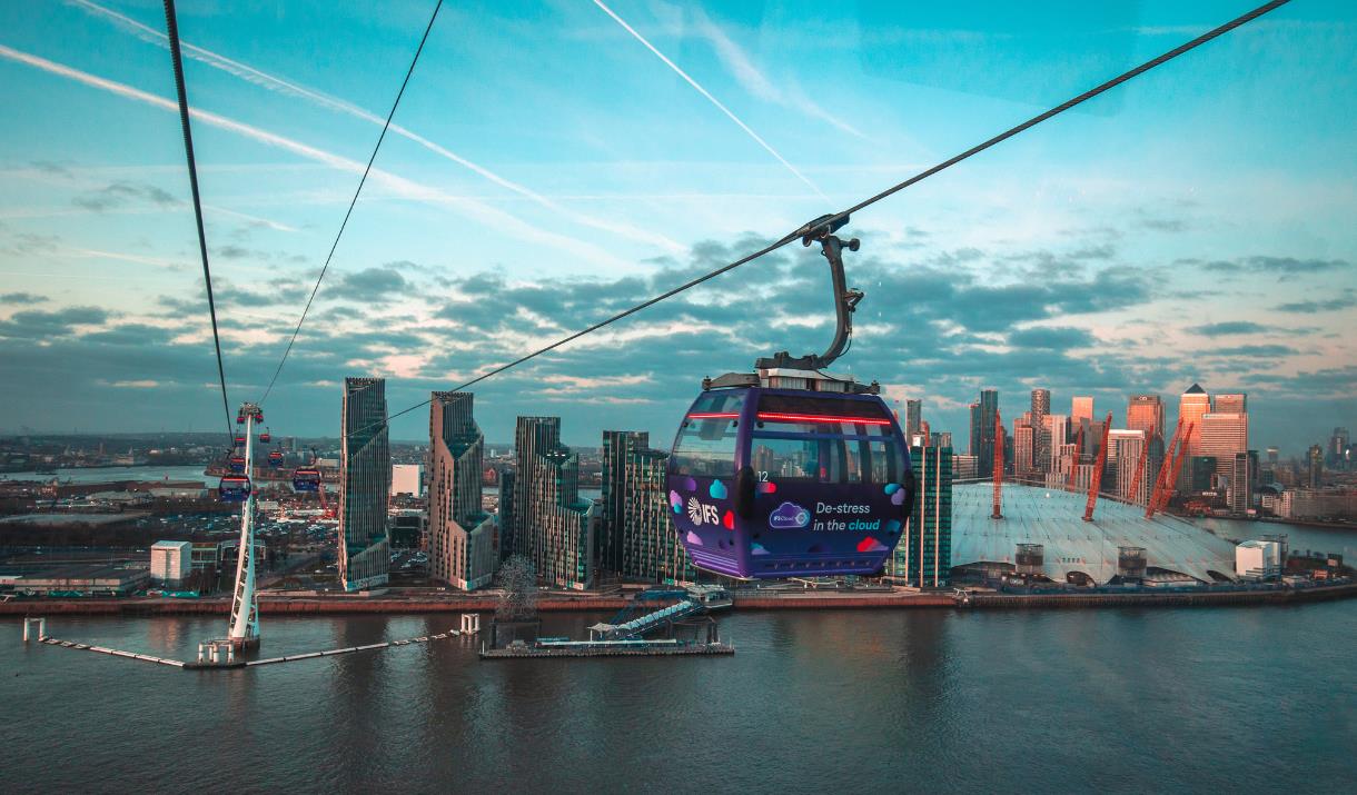 IFS Cloud Cable Car passing over Greenwich Peninsula in front of The O2 arena