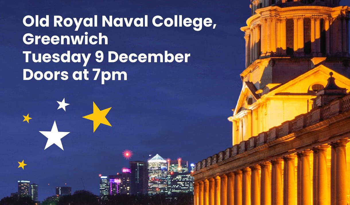 Poster of A Celebration of Christmas event at the Old Royal Naval College in Greenwich, the image shows the illuminated building at night