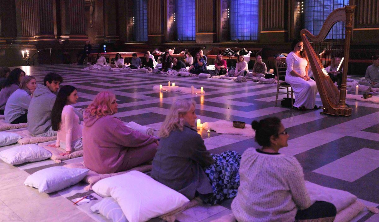 Soar high above the clouds with a blissful Tibetan bowls sound healing experience accompanied by live classical piano and violin music