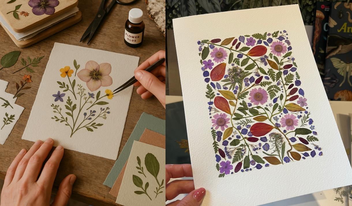 A seasonal art workshop exploring the mindful craft of pressed flowers, where you’ll learn to preserve blooms and create your own pressed flower artwo