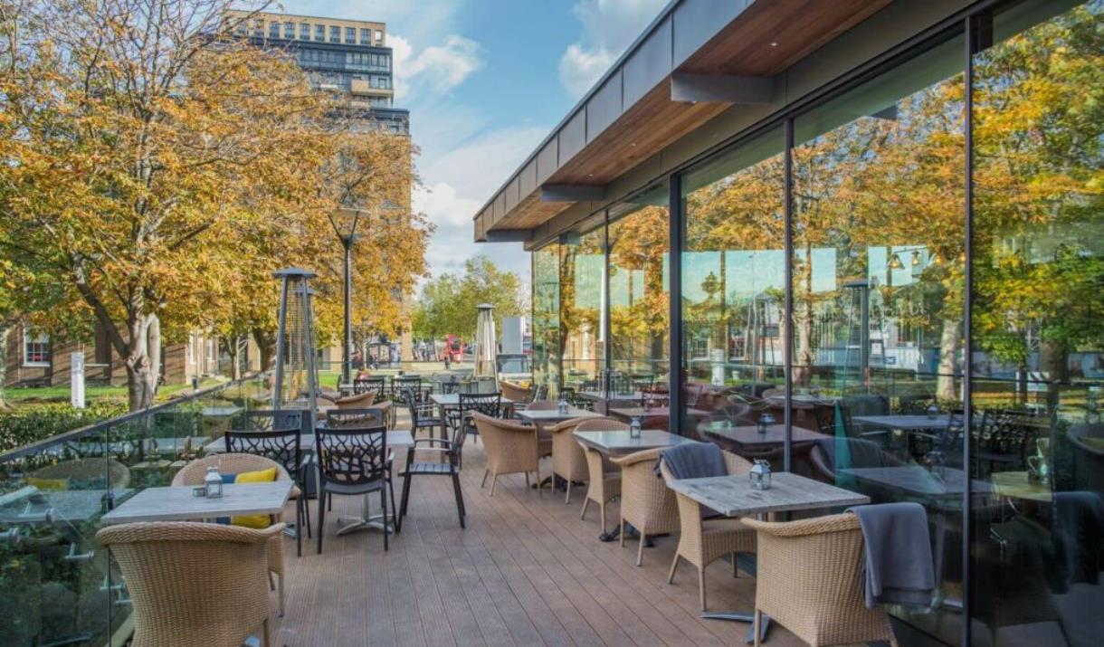 The outdoor terrace at The Guardhouse in Royal Arsenal, Woolwich.